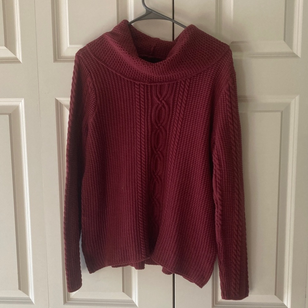 Jeanne Pierre women’s L burgundy cowl neck 100% cotton knit sweater cozy warm